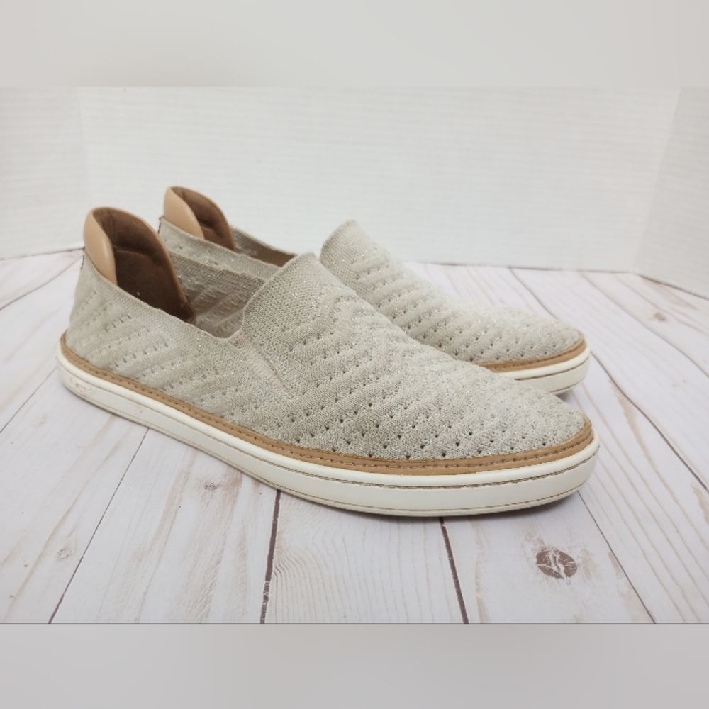 UGG Sammy Chevron Metallic Knit Slip-on Sneakers in Oyster Beige, size 8